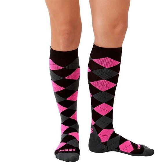 Compression Socks Zensah Unisex Black Grey Neon Pink Argyle Size Medium - Picture 1 of 2